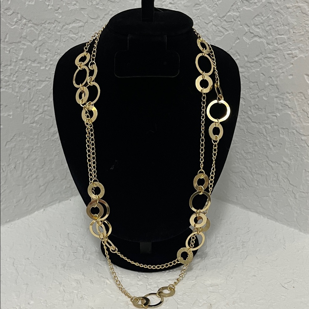 Long Layering Gold Circle Station Necklace